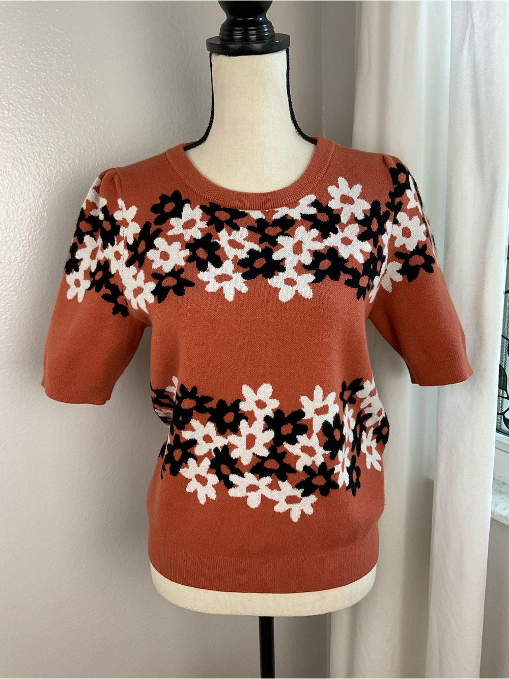 Maeve by Anthropologie Rust-Orange Floral Crewneck Sweater